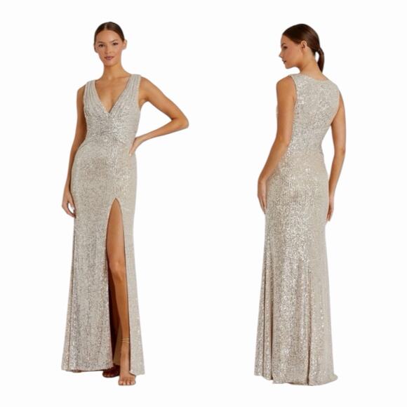 Mac Duggal 26598 Evening Gown V-Neck Faux Wrap Nude Silver Sequin Size 10 NWT - Picture 1 of 16
